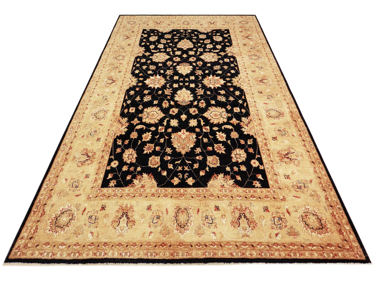 Rectangular Afghan rug with black central panel and beige outer border with repeating ornaments.