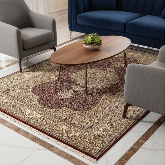 Patterned area rug with red, cream, and brown medallion motifs and decorative border