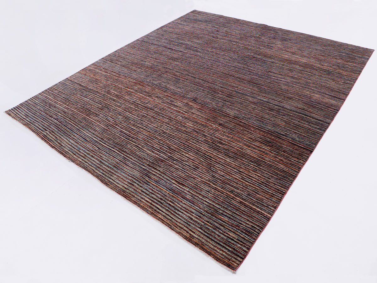Brown and blue striped rug with fine linear texture, flat woven design.