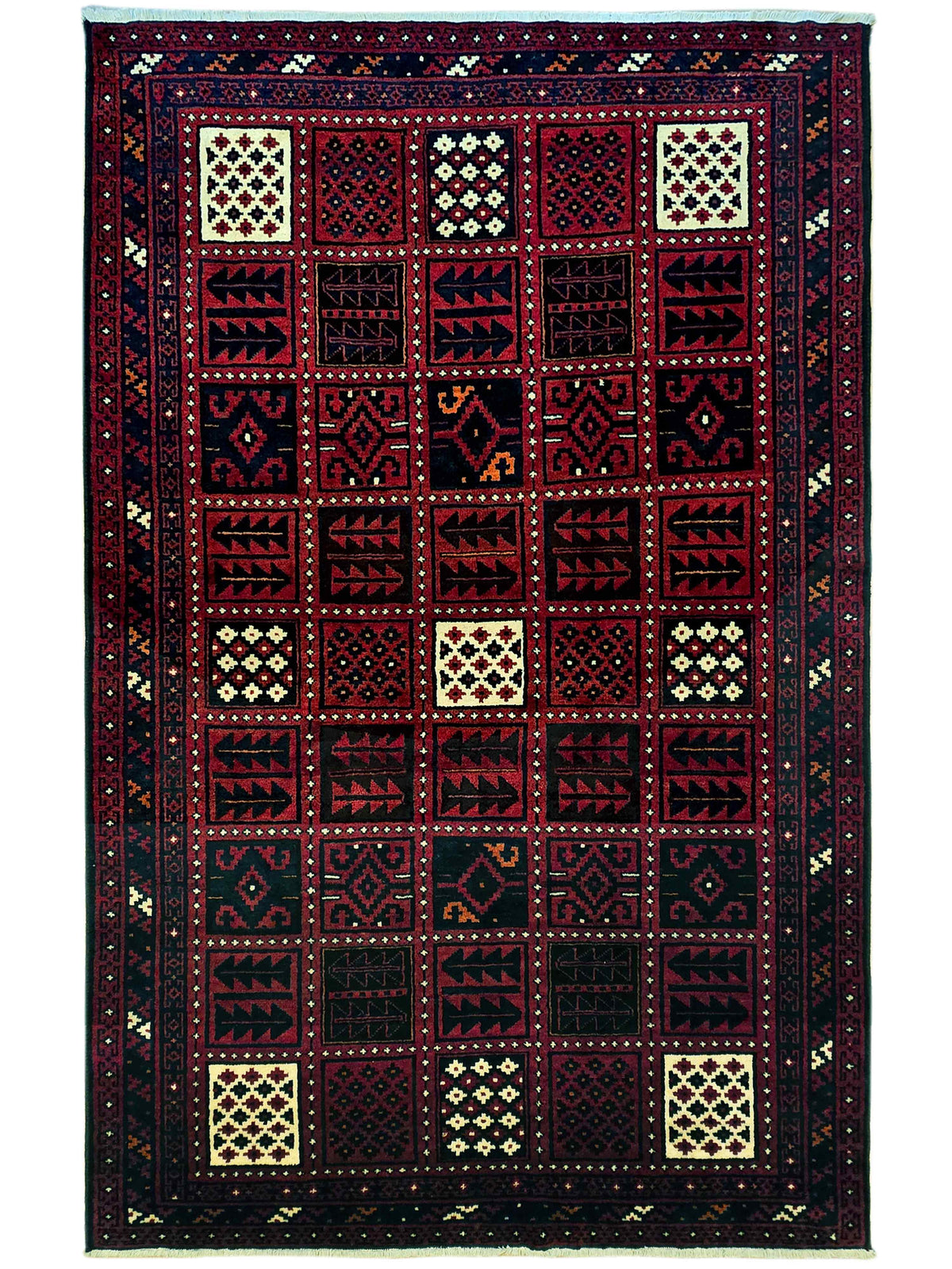 Persian-style rug with dark red lattice pattern, cream and navy motifs, and blue border.