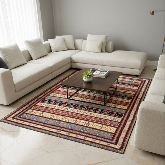 Large geometric Sirjan rug with red, navy, blue and cream border and stripes