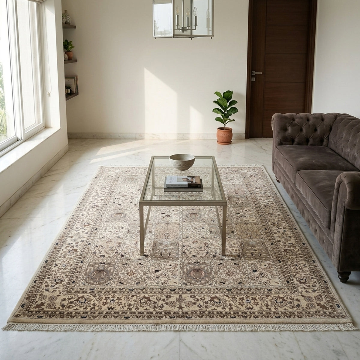 Bakhtiar rug in living room layout, beige with ornate center motifs and wide patterned border.