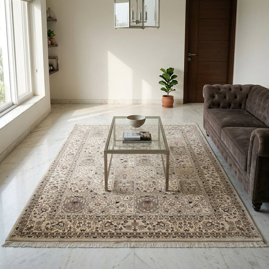 Bakhtiar rug in living room layout, beige with ornate center motifs and wide patterned border.