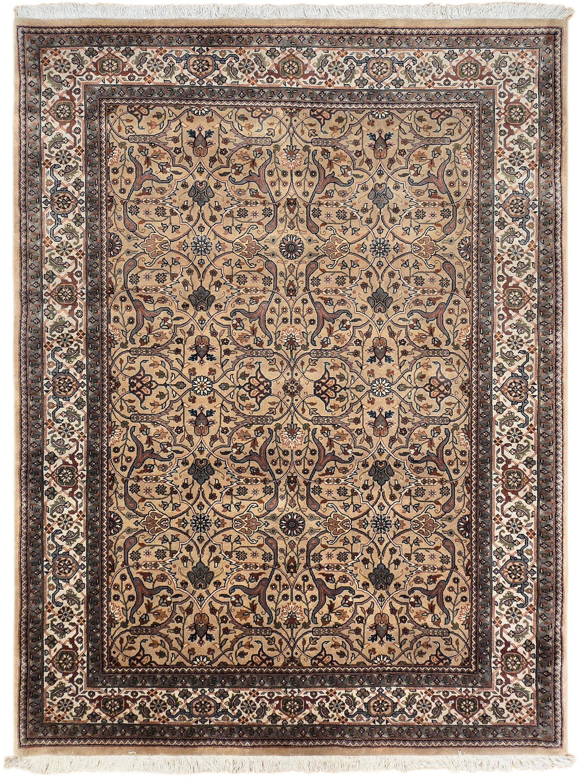 Khashan rug with cream field, blue motifs, and decorative border
