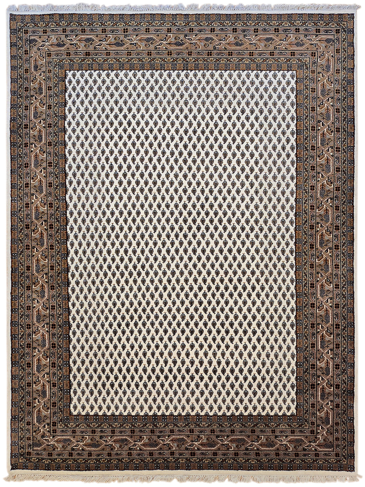 Brown and cream geometric rug with ornate border and white lattice center