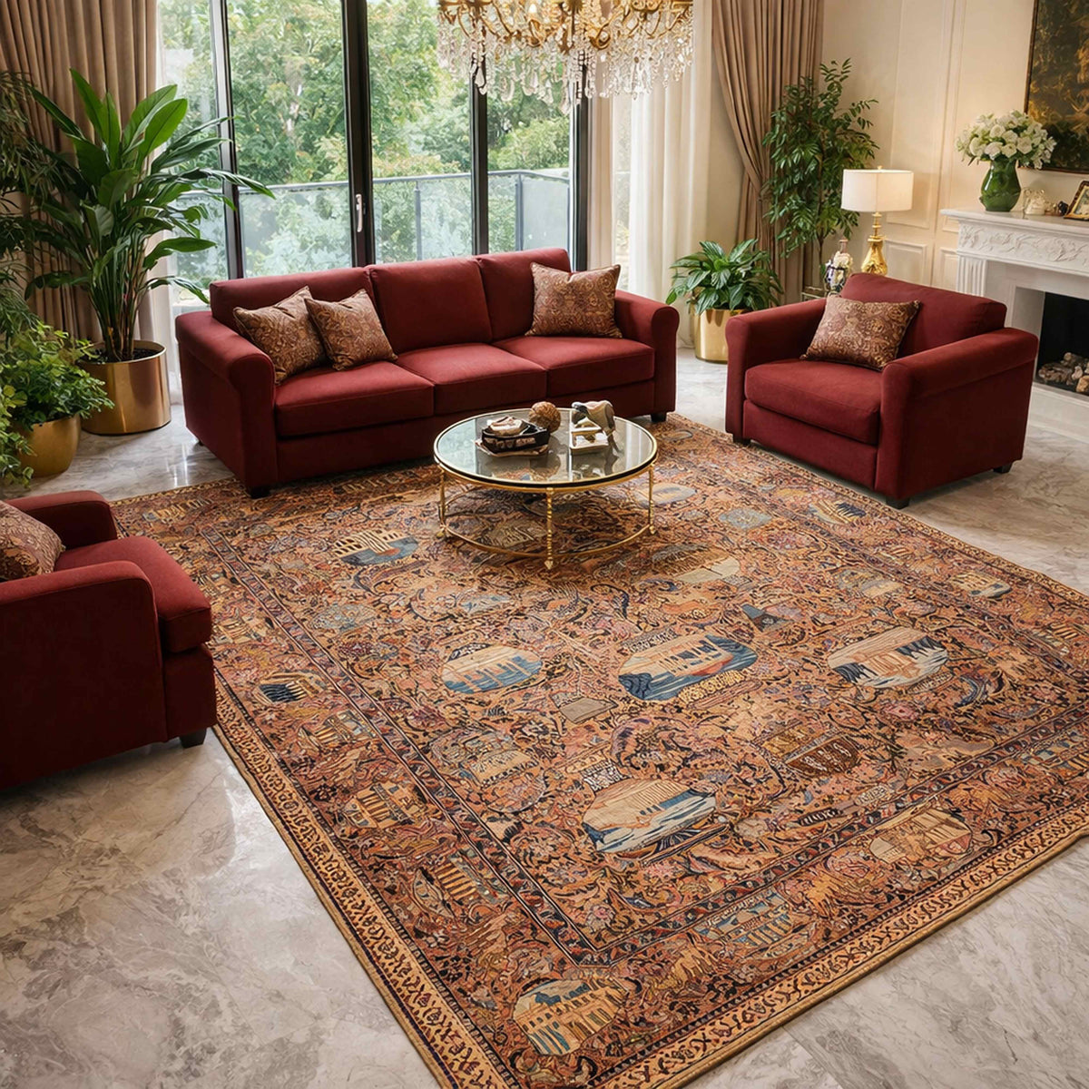 Ornate decorative rug laid flat with multicolor cityscape motif