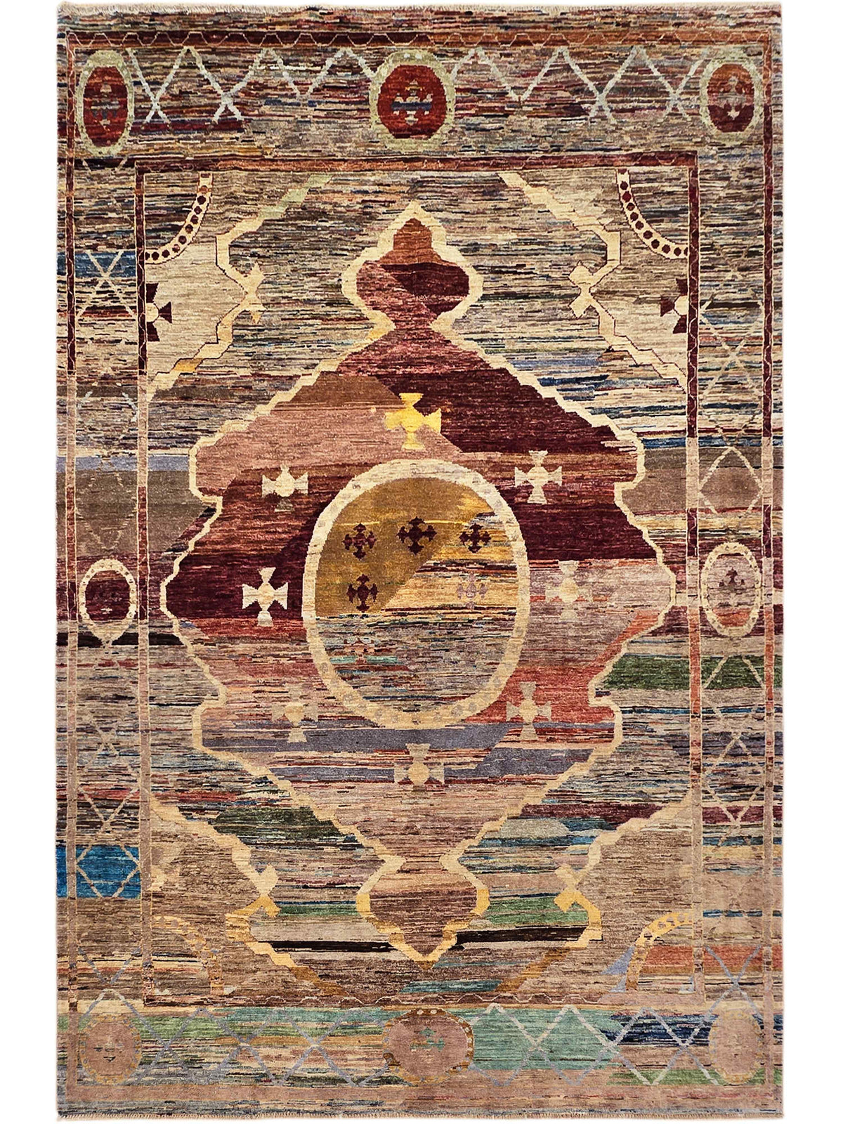 Ziegler Art Deco rug, 294x200 cm, multicolor geometric medallion and border