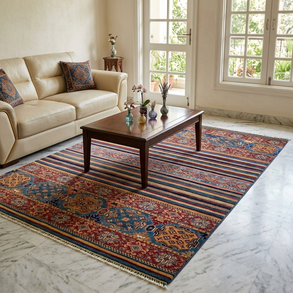 Multicolor patterned area rug with stripes and medallion motif on a living room floor
