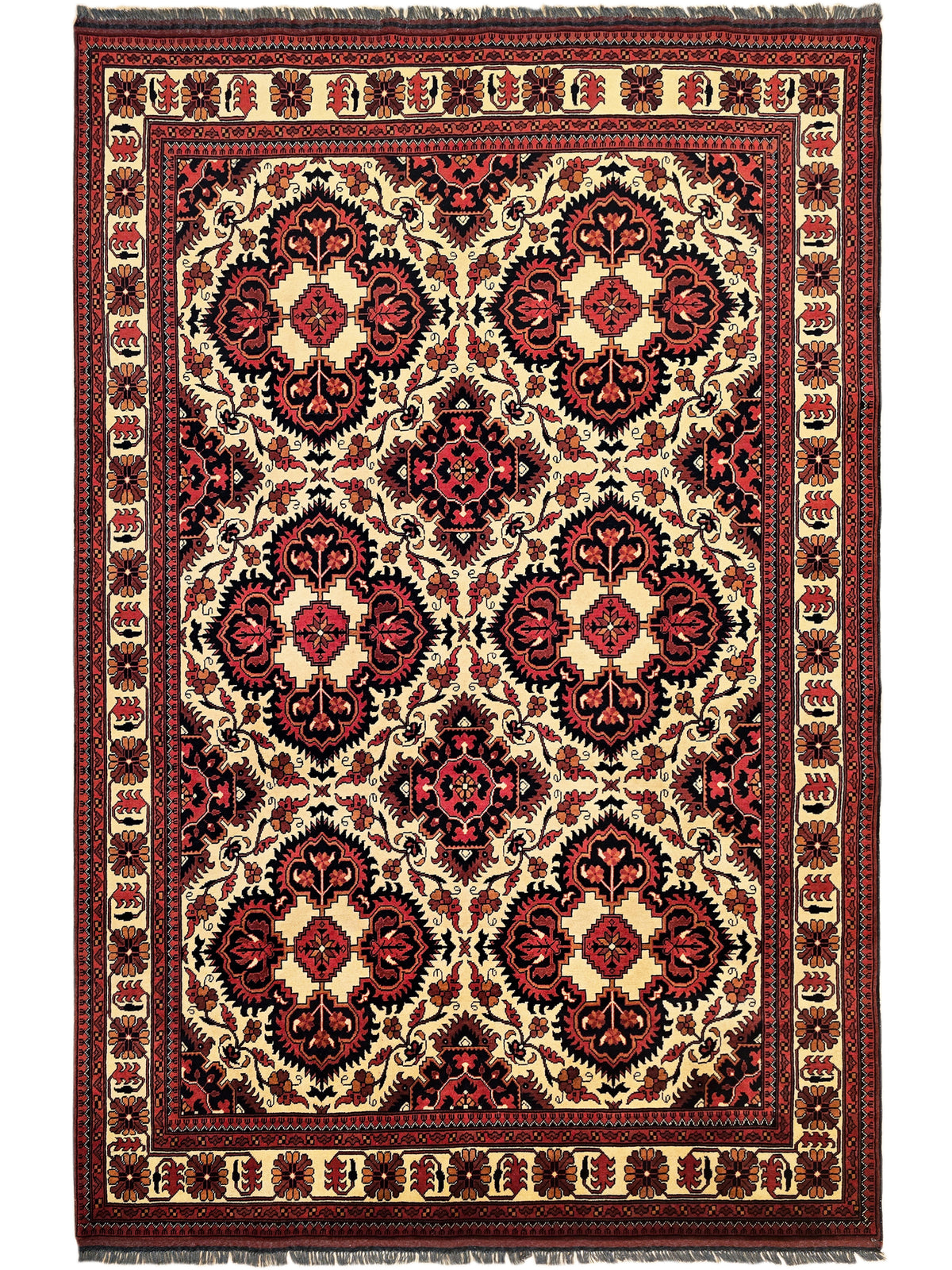 Afghan rug with cream center, red and dark medallion patterns; ornate border and corner motifs.