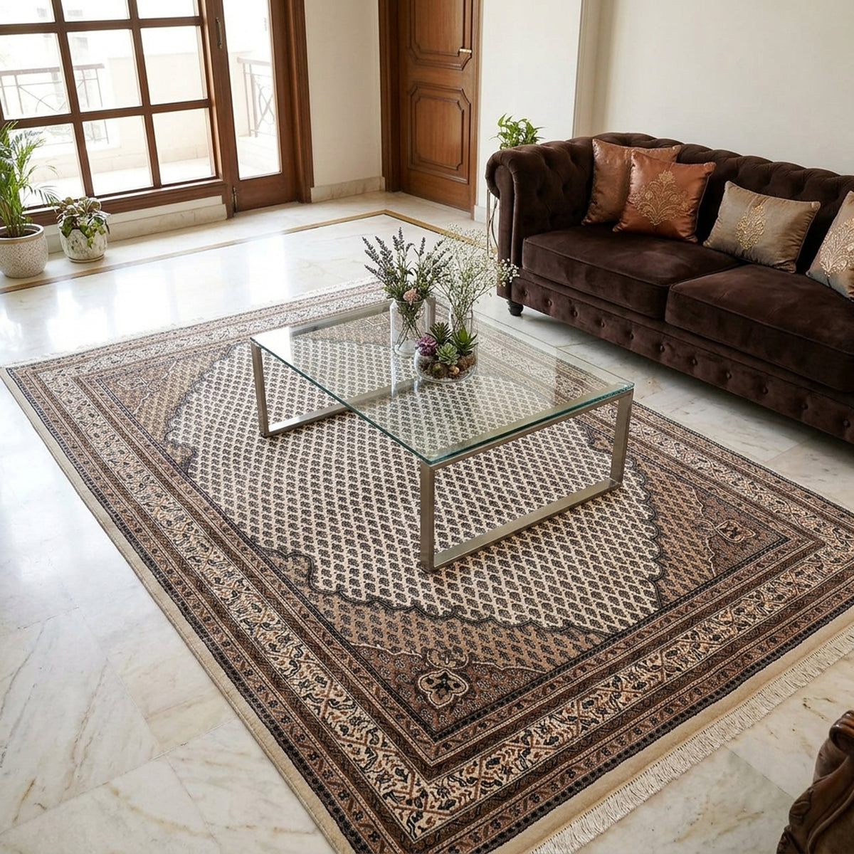 Large square area rug with central lattice medallion, dark border, and short fringe