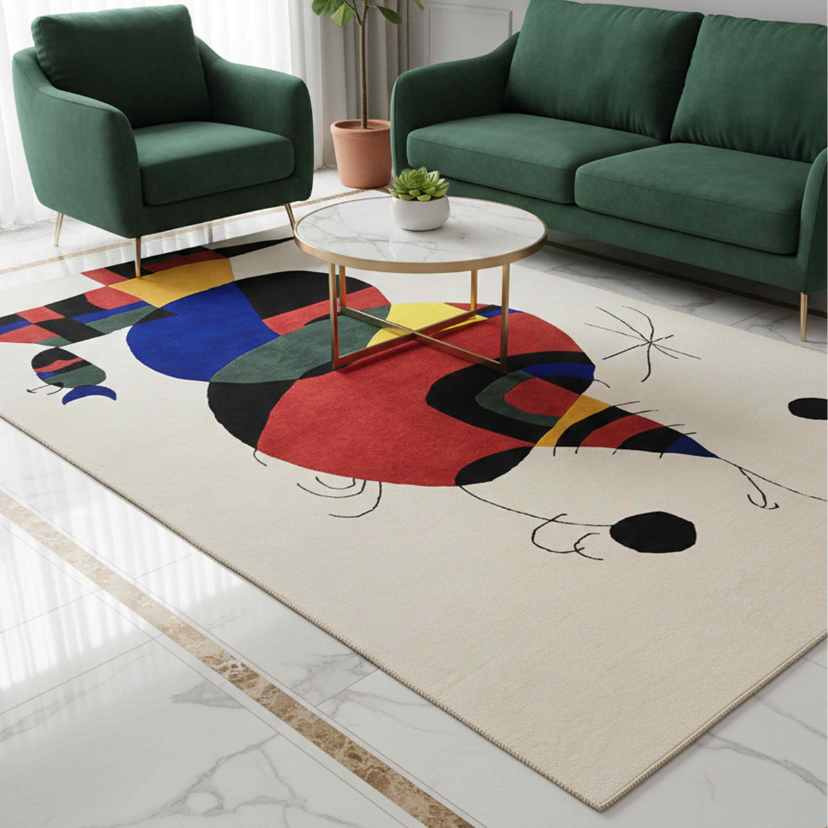 Abstract area rug in living room with off-white base and multicolor cat design
