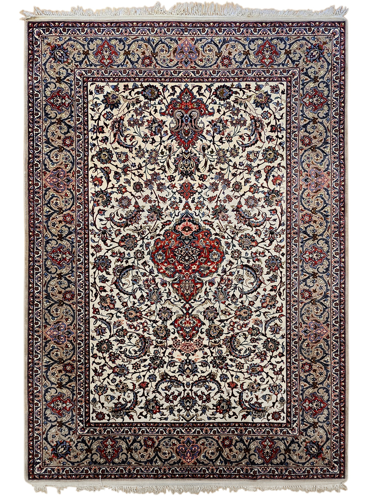 Esfahan perizisch rug full view with cream field, navy border, red medallion, and fringed edge