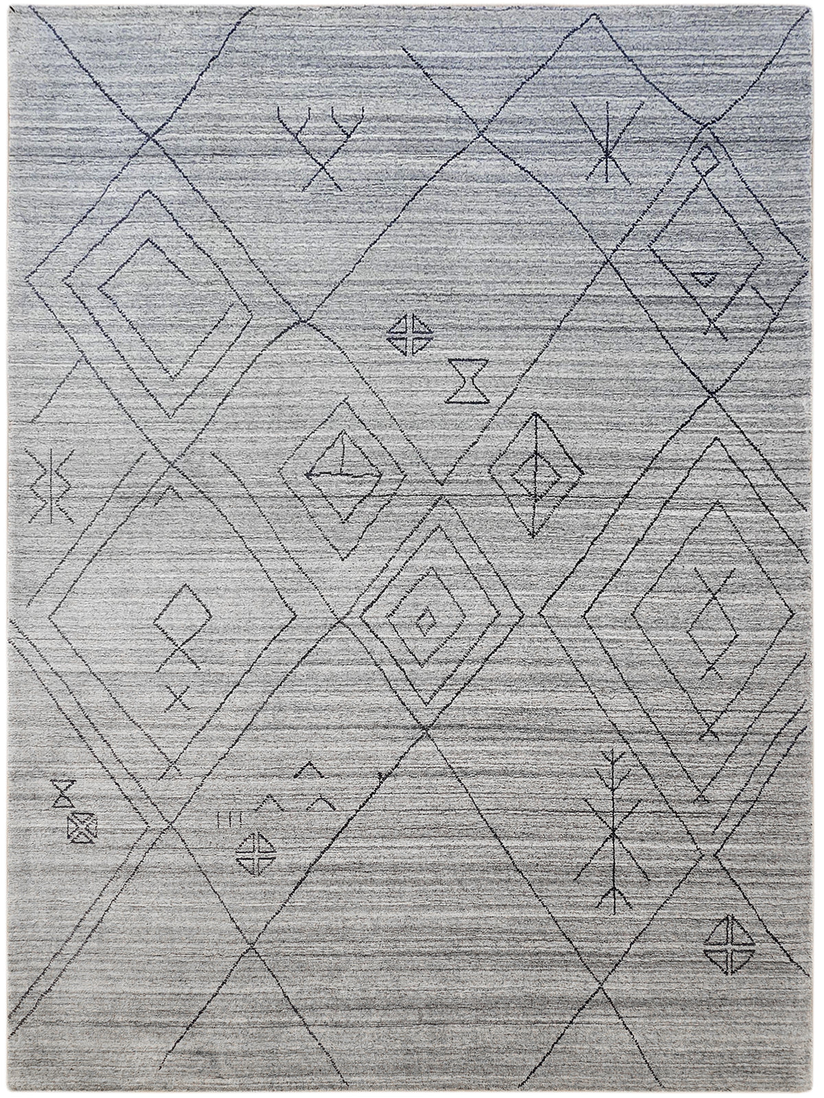 Light gray handloom rug with thin dark geometric diamond line pattern.