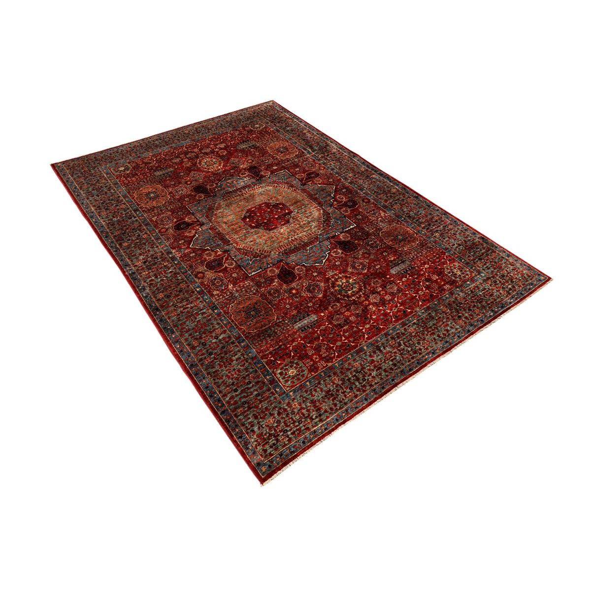 Red and navy patterned area rug, flat view, central medallion and detailed border