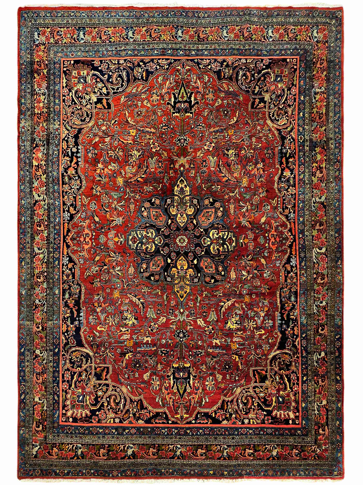 Bidjar rug with red central medallion and navy floral border