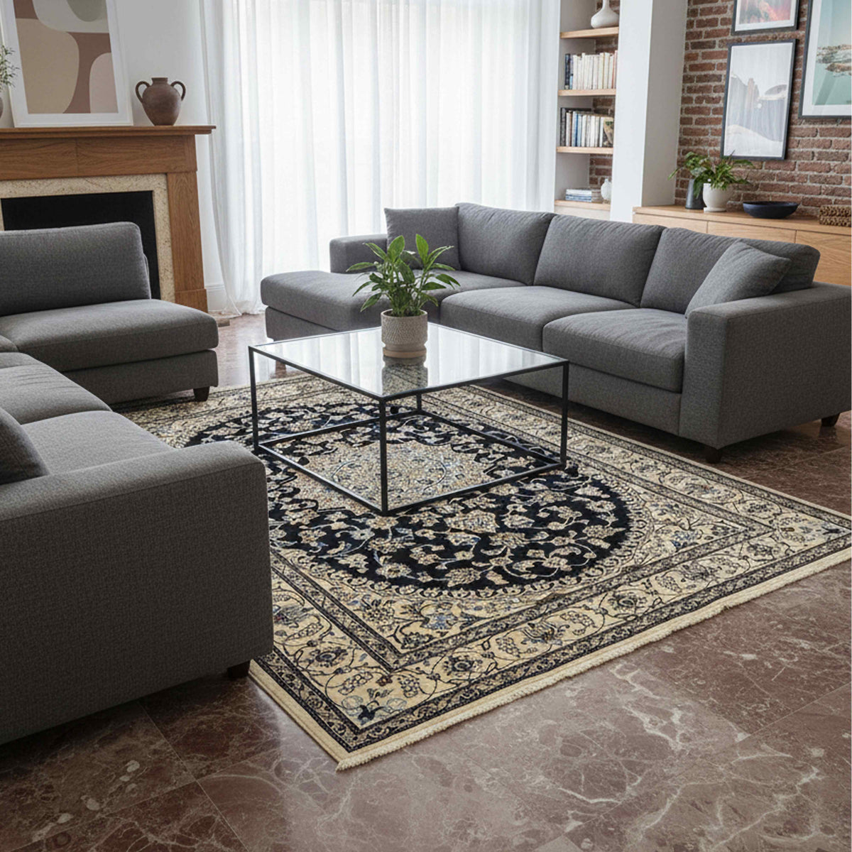 Decorative area rug with black floral medallion and cream-blue pattern in living room