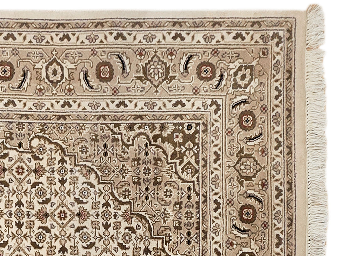 Close-up of beige and brown rug border with small motifs and vertical fringe edge.