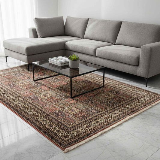 Multicolor Qum-style area rug with detailed medallion motifs and decorative border