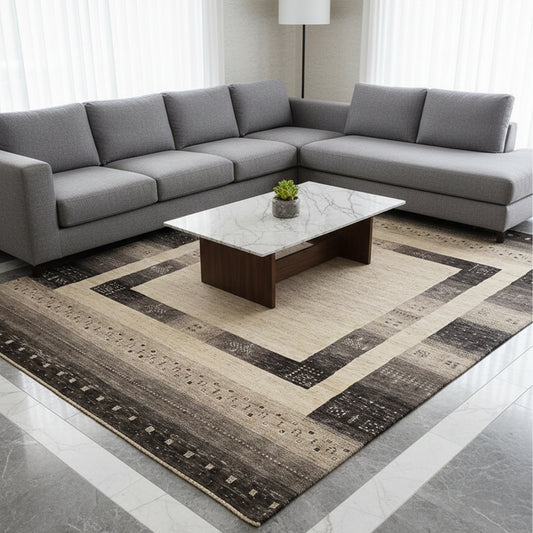 Rectangular rug laid under seating, beige and dark brown abstract square pattern