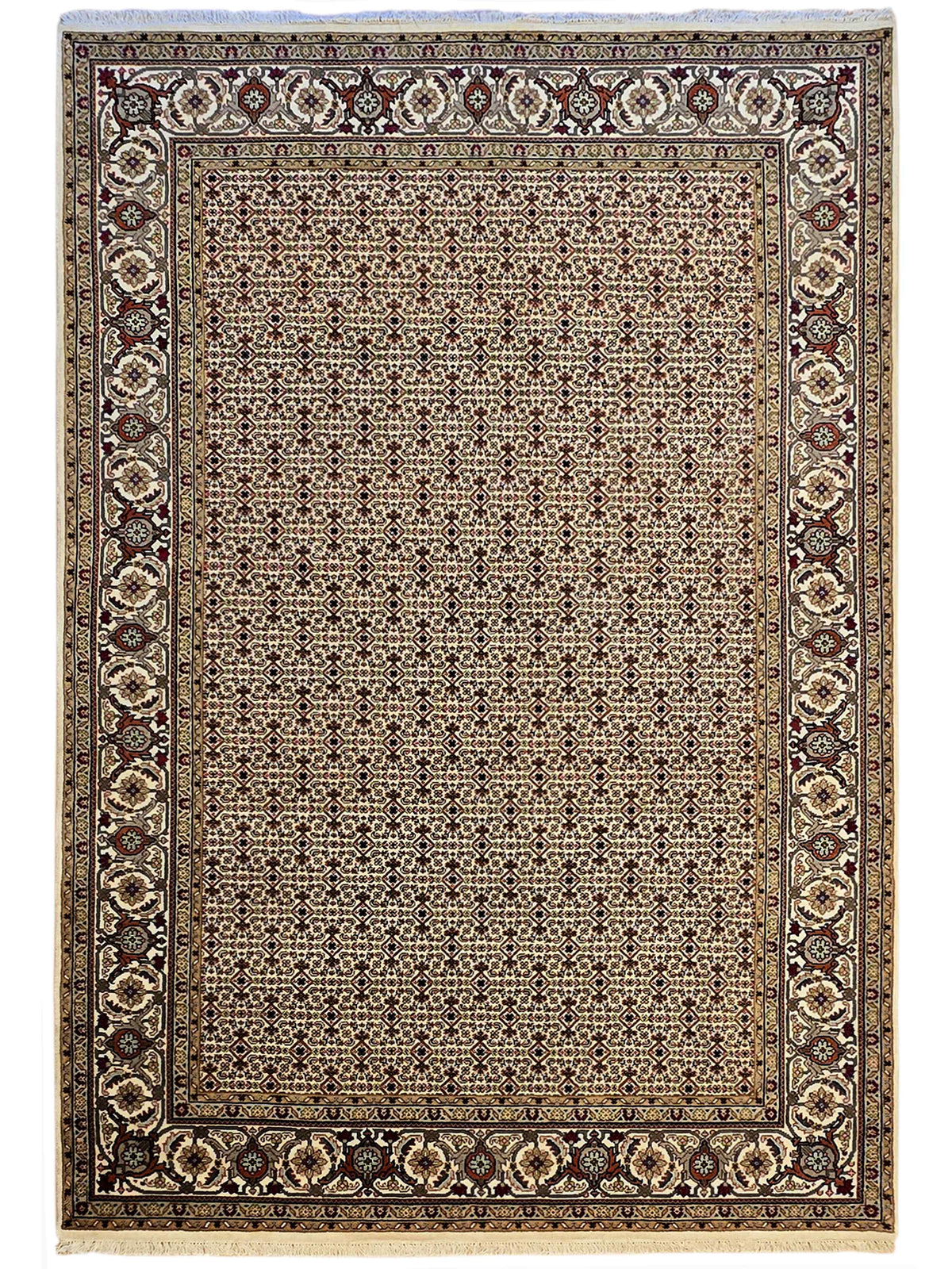 Rectangular area rug with repeating geometric lattice center and dark ornamental frame