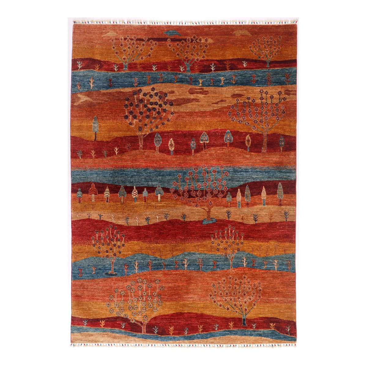 Multicolor Khorjin-style rug with landscape motifs and geometric border, fringed edges