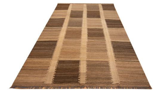 Rectangular flatweave rug with wide geometric stripes in brown and beige