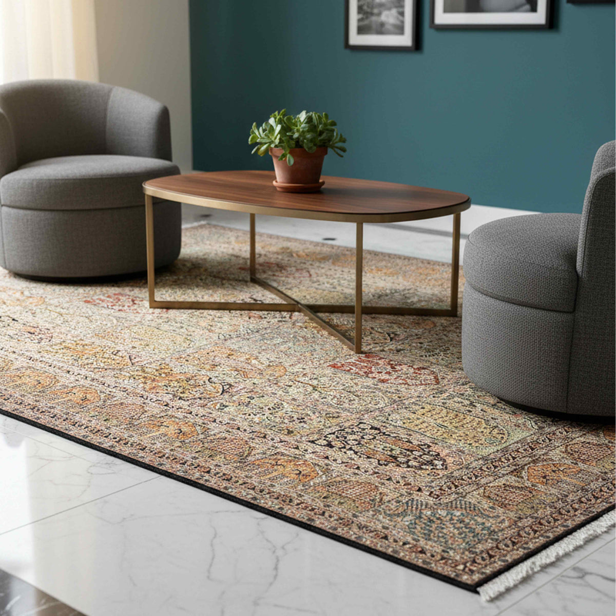 Multicolor ornate rug with short fringe edge, featuring dense patterning and borders.
