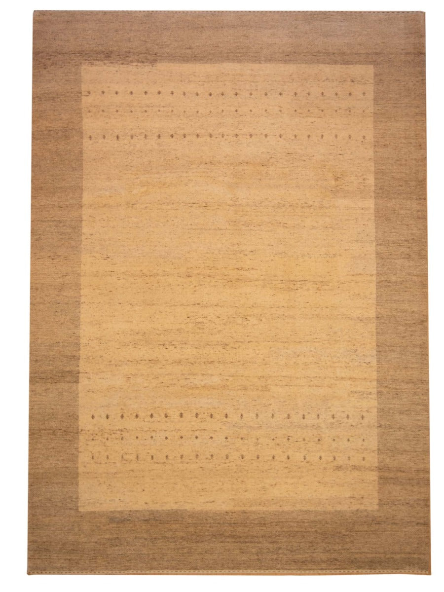 Beige rectangular rug with border and subtle geometric dot pattern