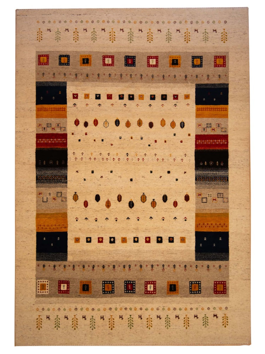 Loribaft rug with beige ground and geometric multicolor border, rectangular design