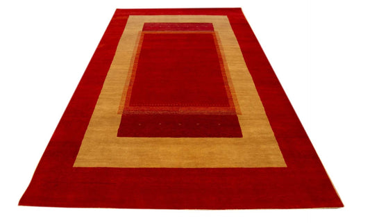 Loribaft rug, red field with beige bands and rectangular center panel