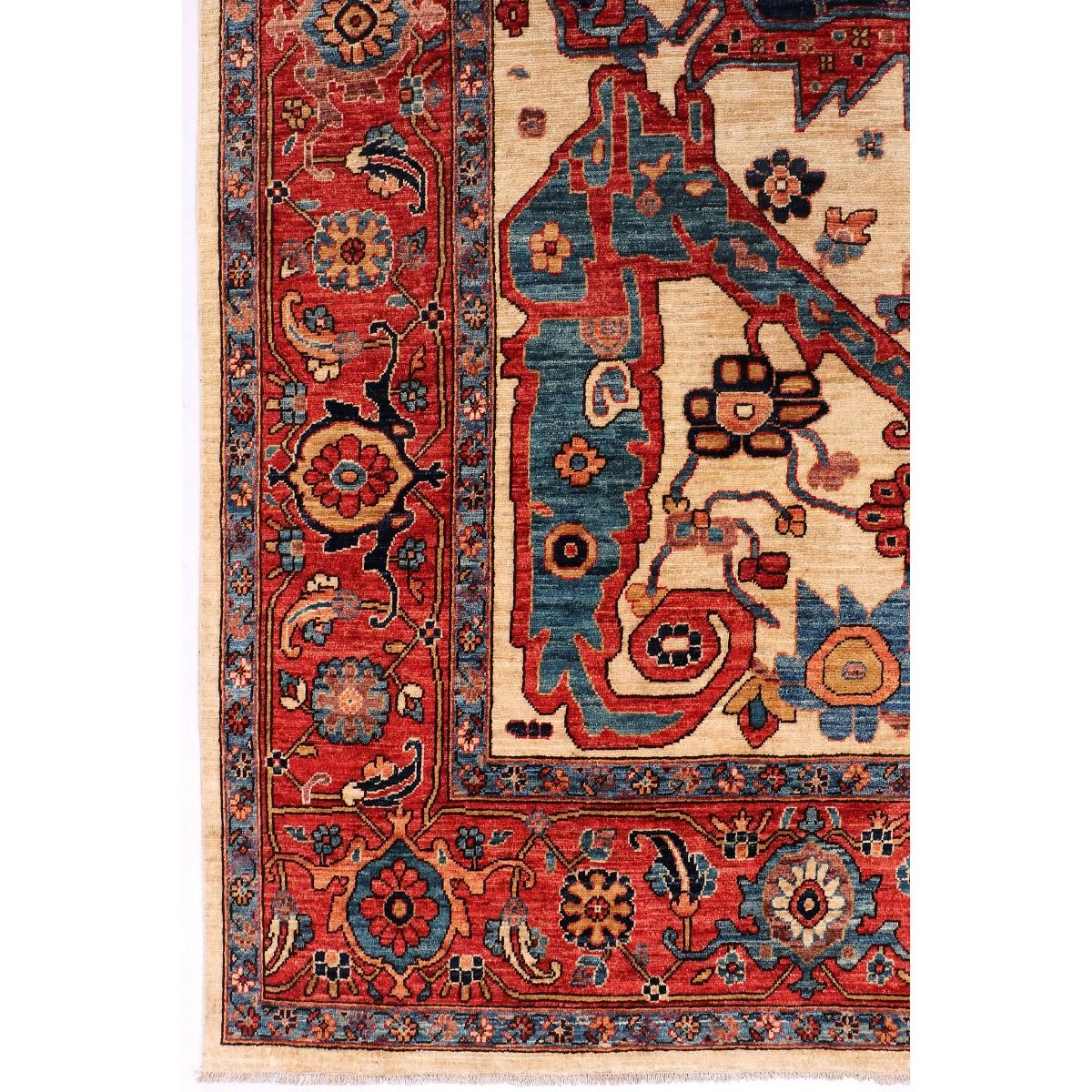 Chobi rug detail showing red and navy motifs on cream field with border