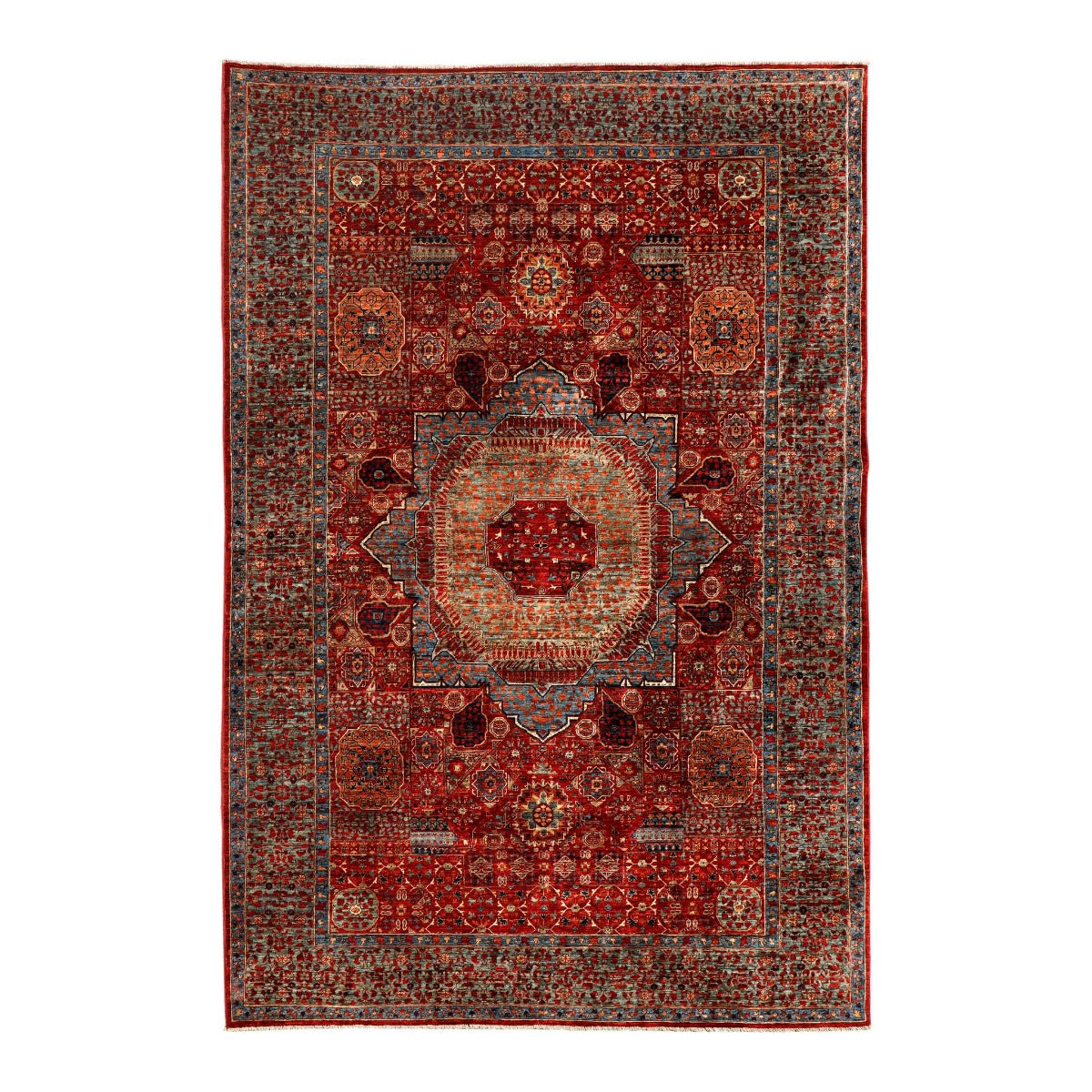Red and navy Mamluk-style area rug with central medallion and geometric borders