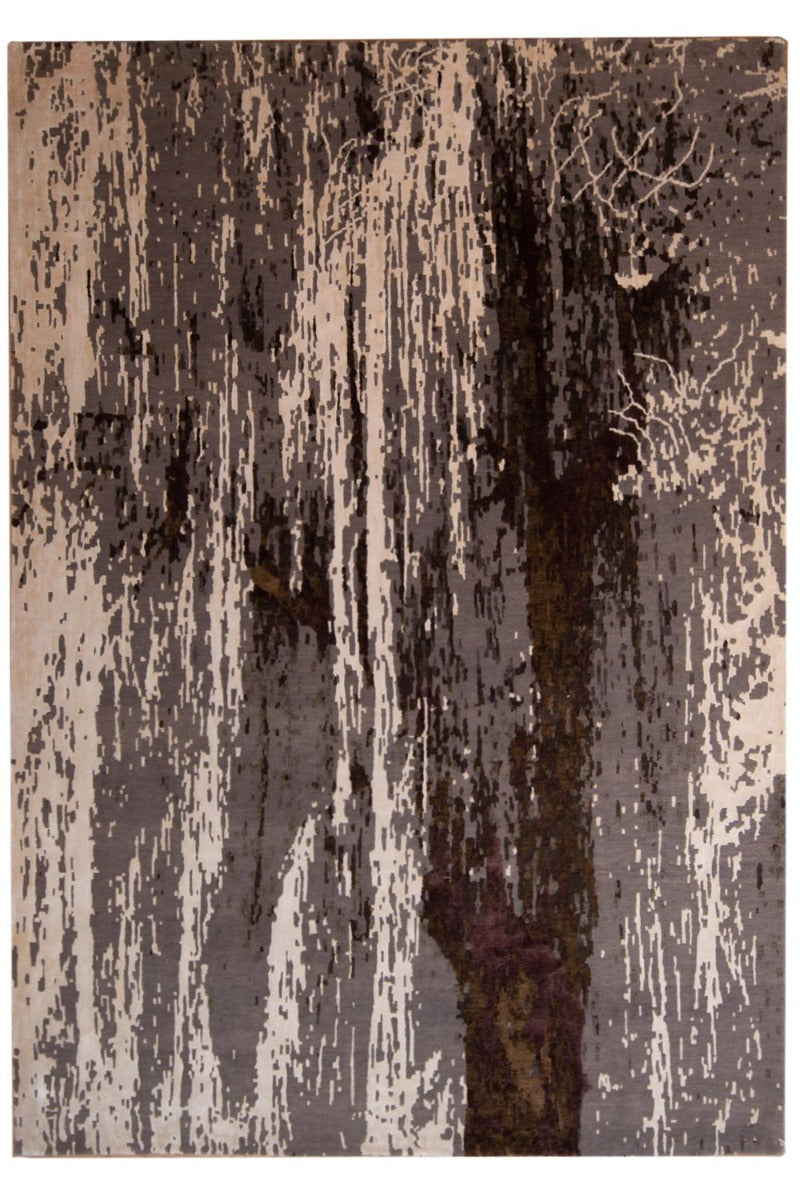 Modern rug with abstract vertical strokes in beige, gray, and dark brown