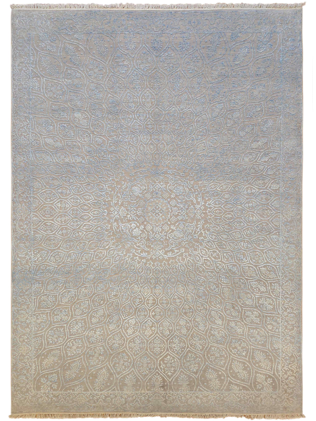 Flat frontal view of light blue-gray area rug with ornate repeating border pattern.