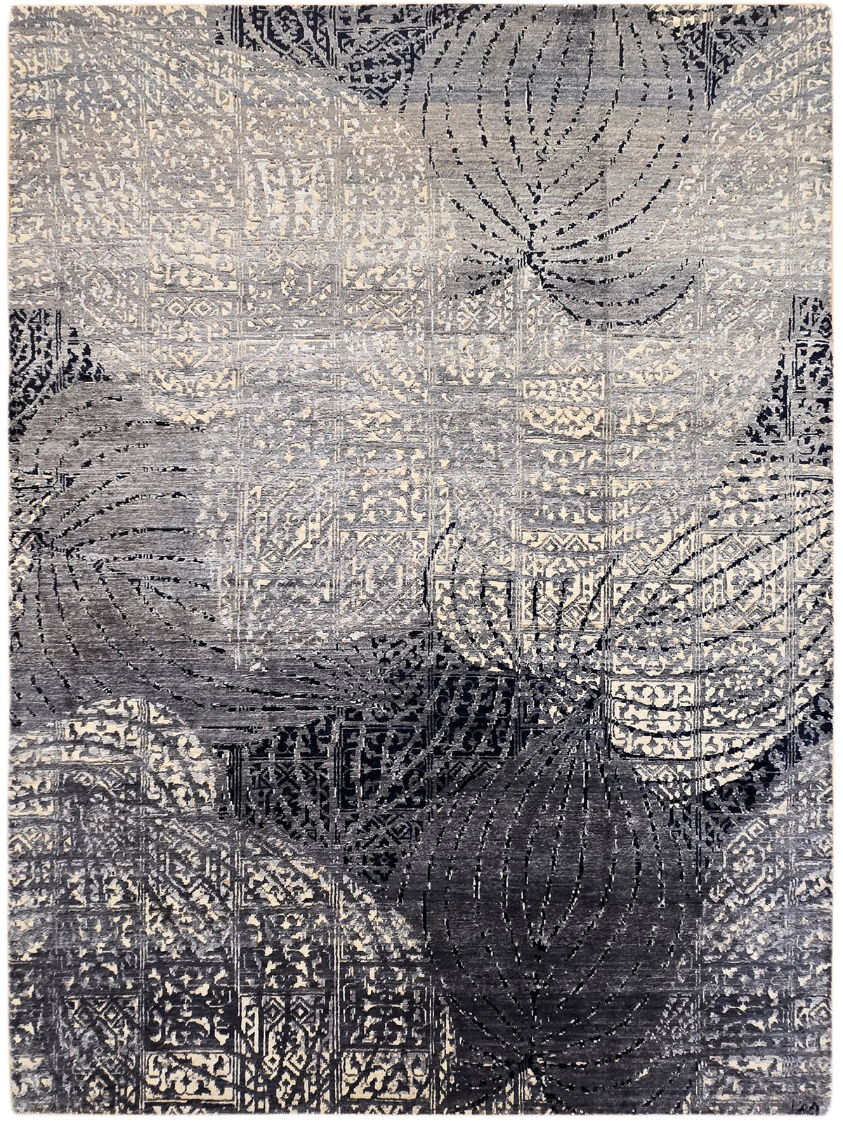 Beige and navy rug with geometric blocks and circular swirl motifs, 231x167 cm