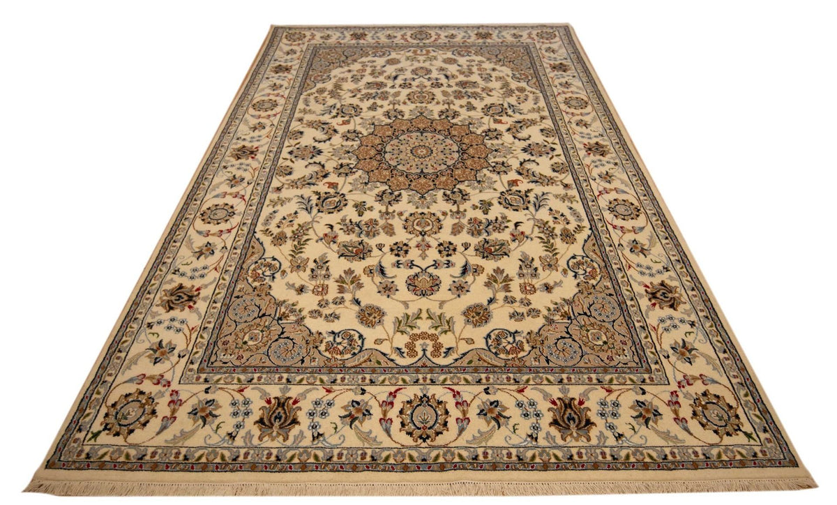 Beige area rug with central medallion, dark border, and floral motifs