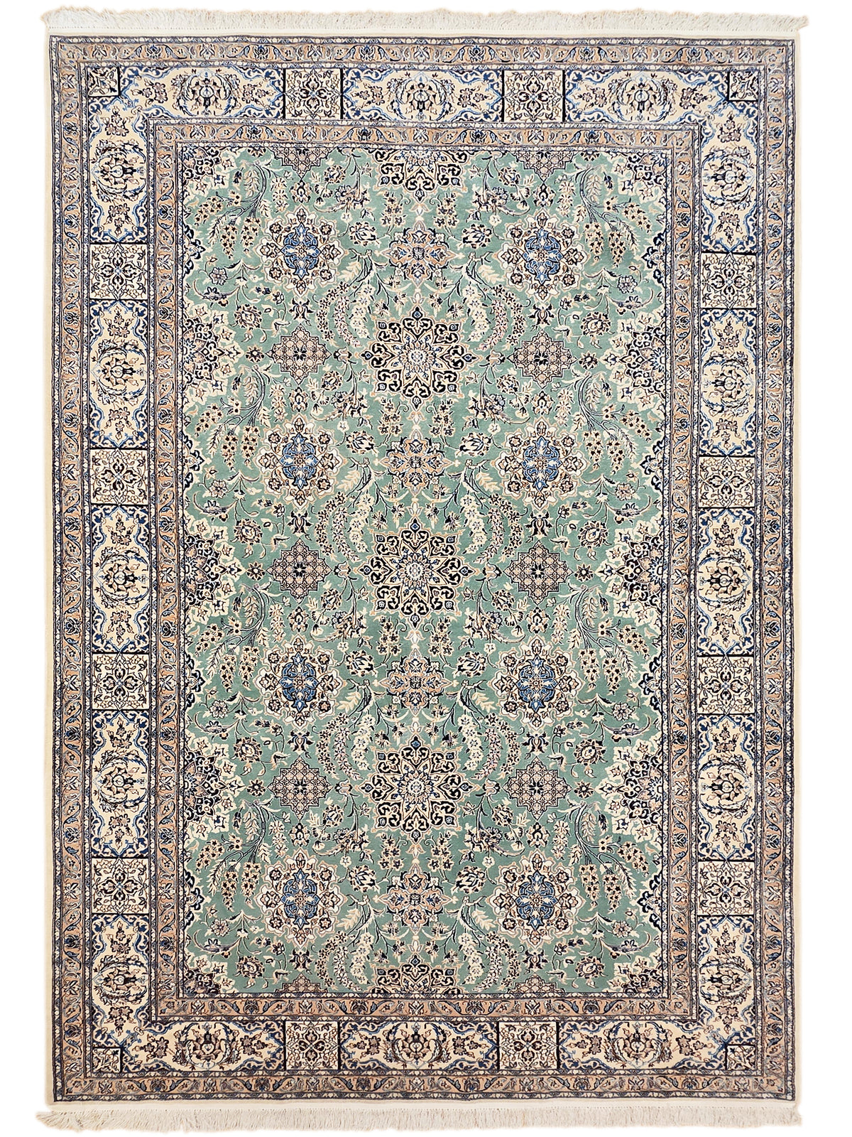 Nain rug front view with teal floral repeat pattern and navy decorative frame border