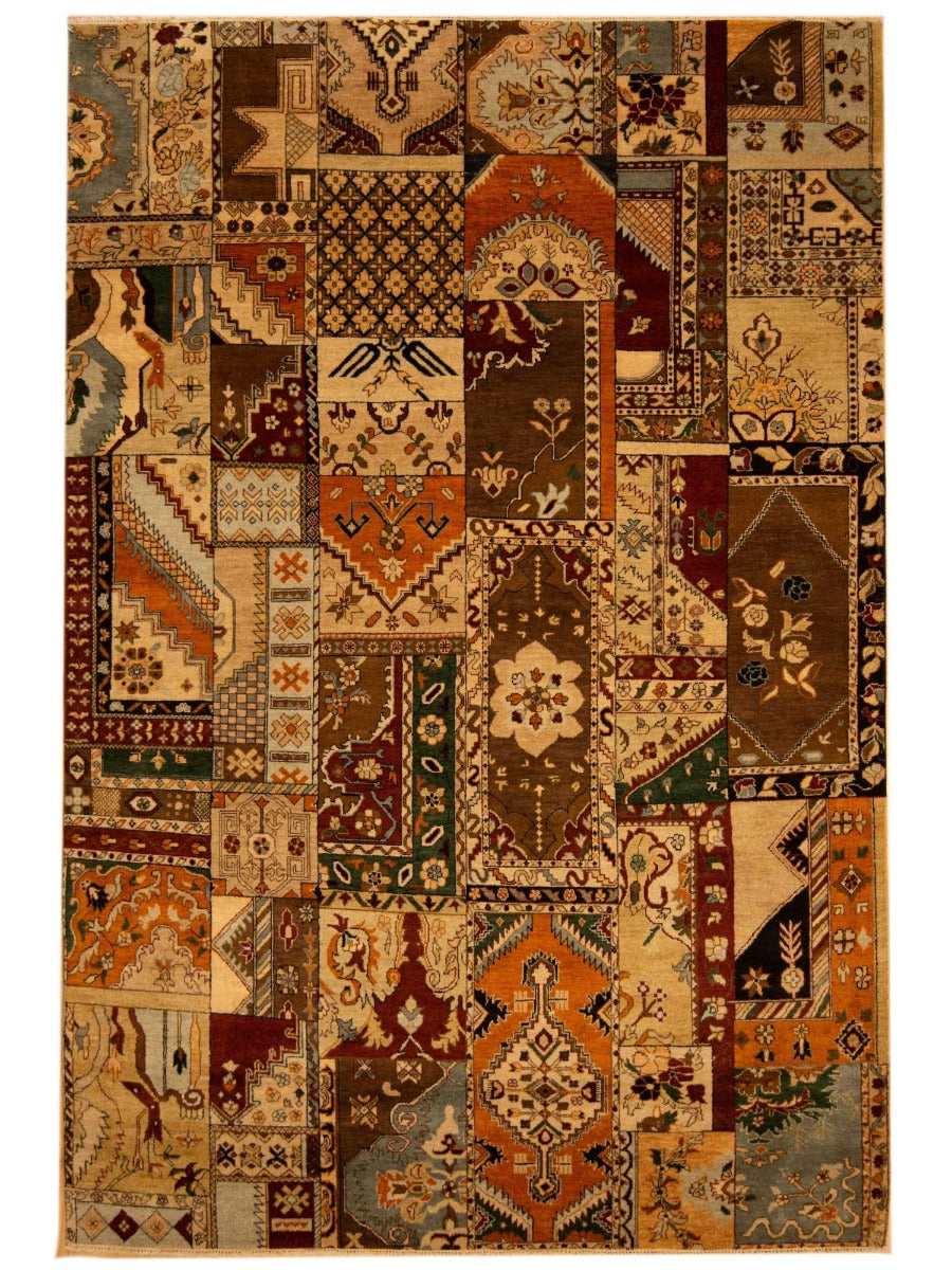 Patchwork area rug with multicolor geometric panels and ornate motifs