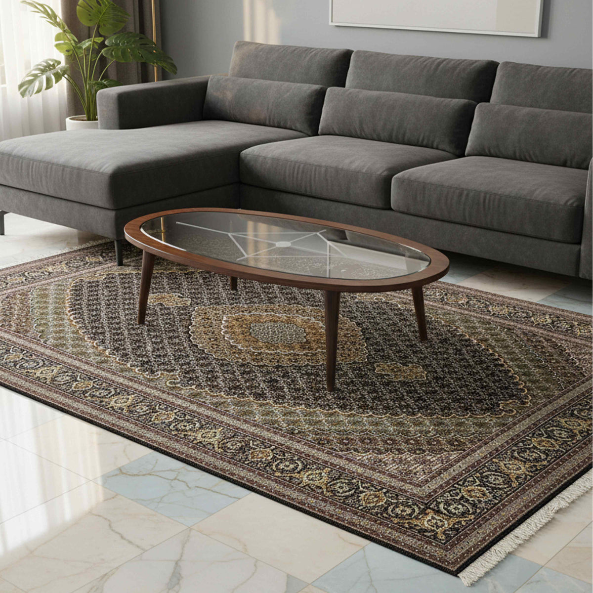 Multicolor Tabriz-style rug with central medallion pattern and decorative border