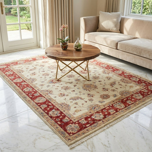 Cream rug with red ornamental border, floral center design, visible fringe edge.