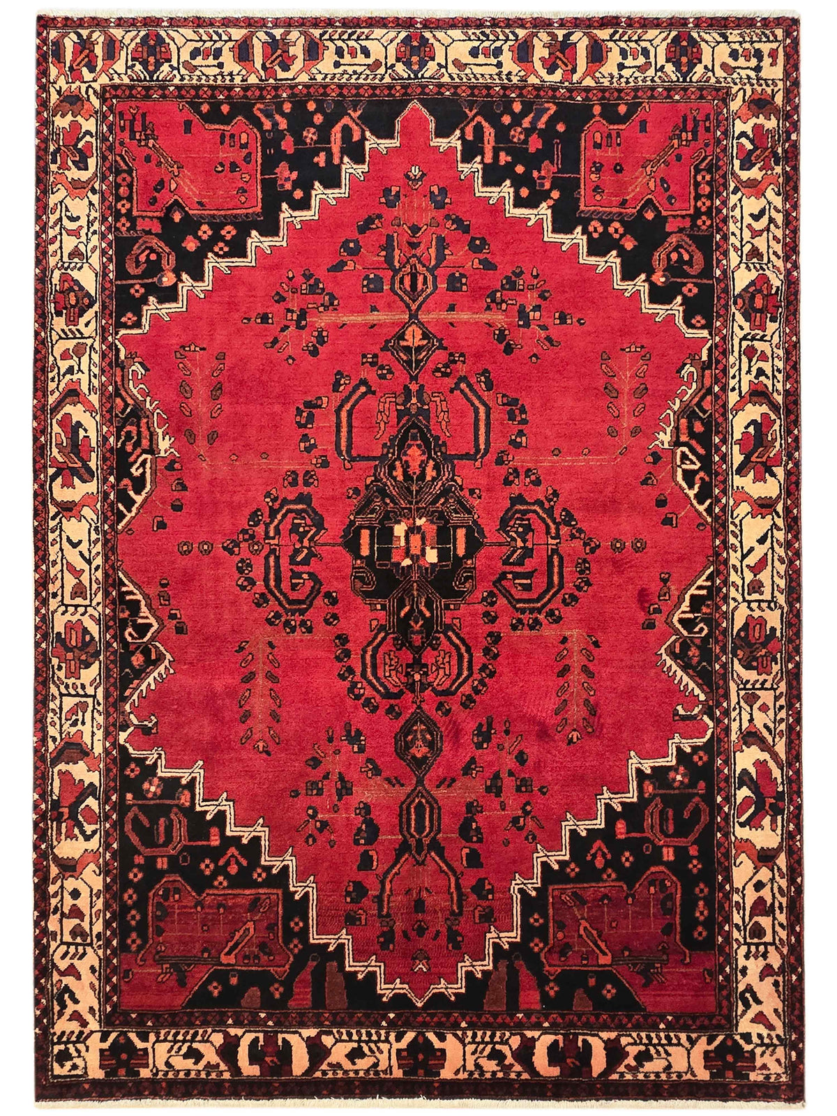 Red area rug with central hanging medallion, diamond accents, and ornate black-and-beige border
