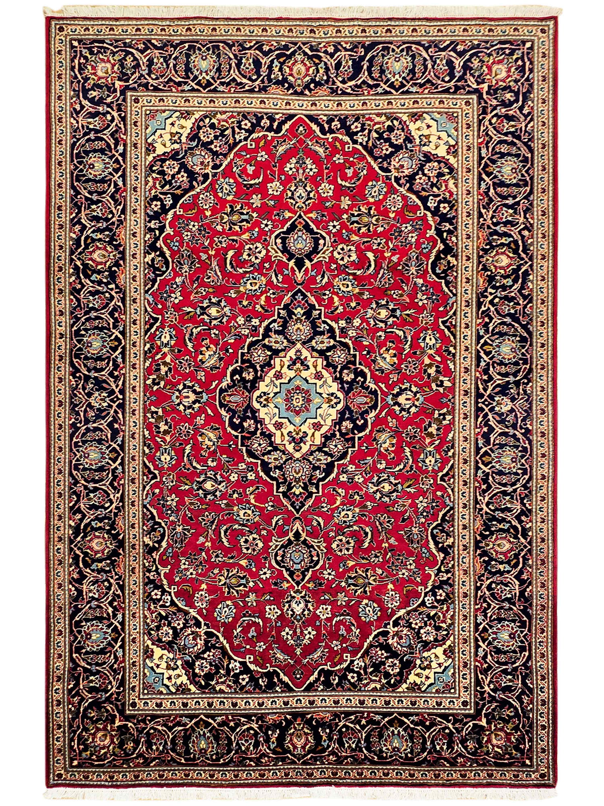 Kashan rug full view, red field with central diamond medallion and navy floral border