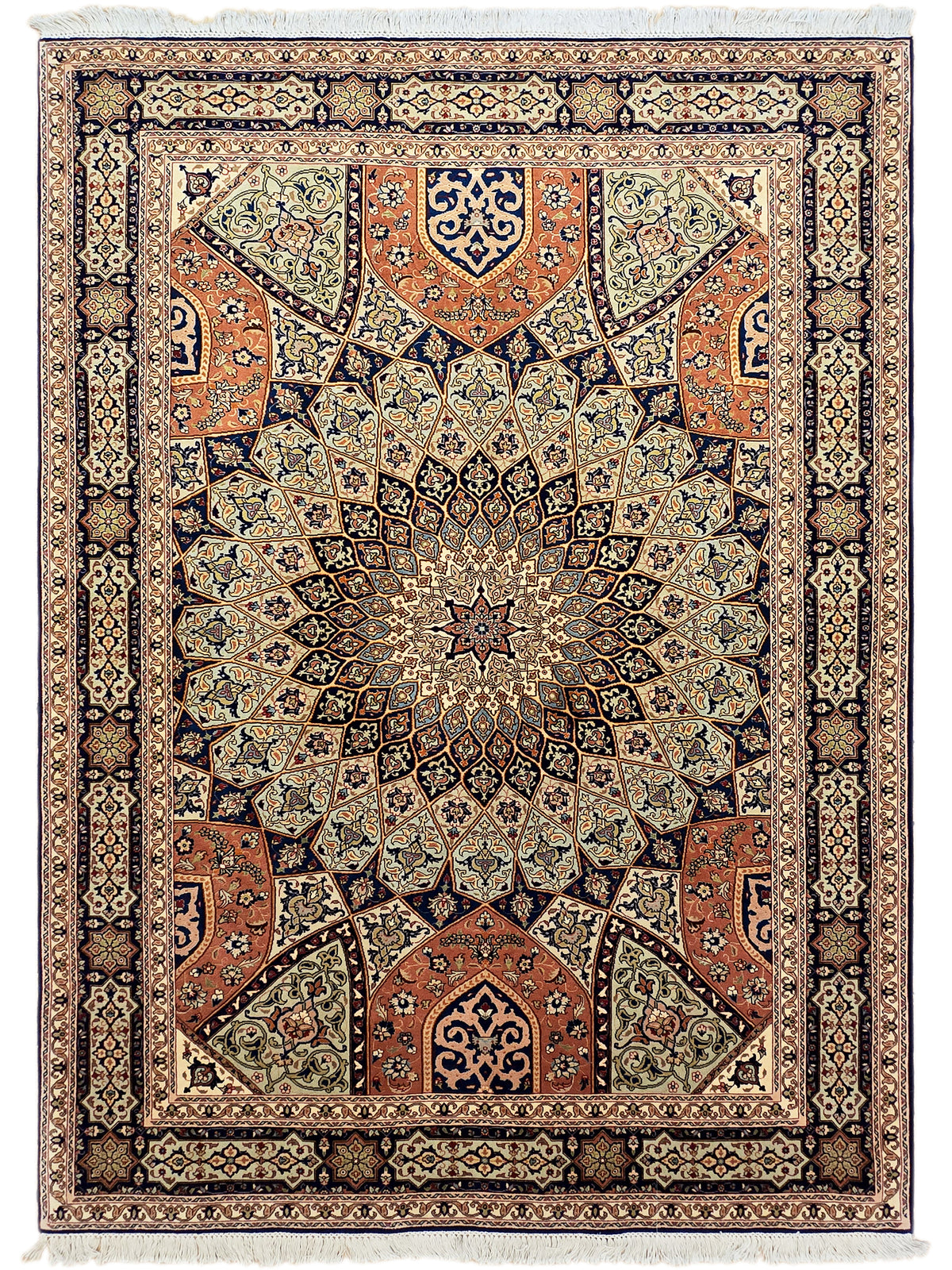 Square rug with central star medallion, multicolor field, and decorative border