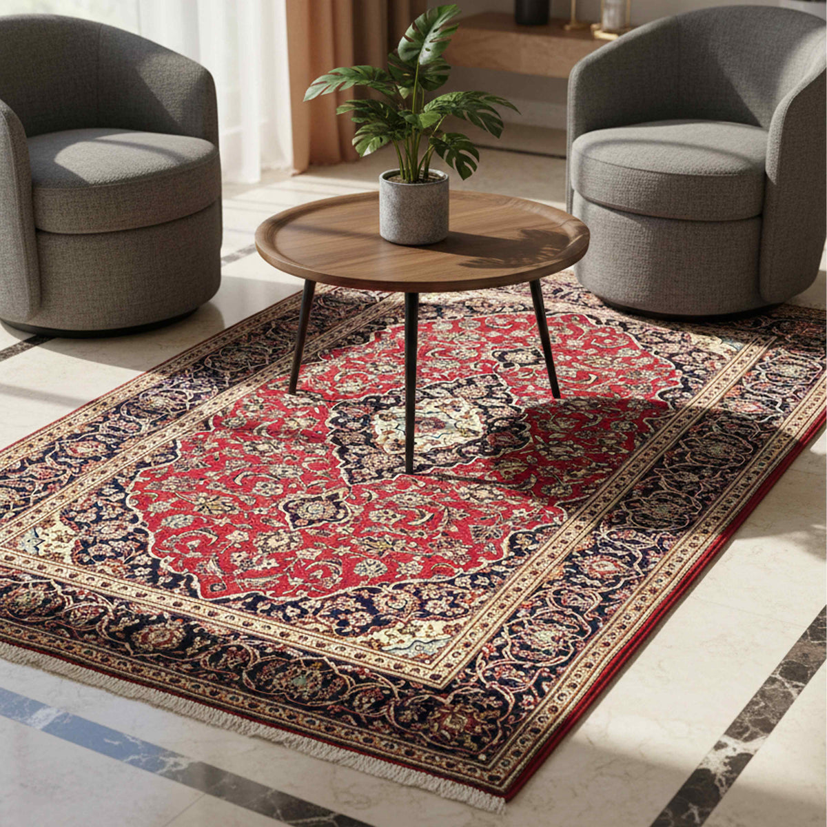 Kashan rug in living room, red floral medallion with navy and cream border