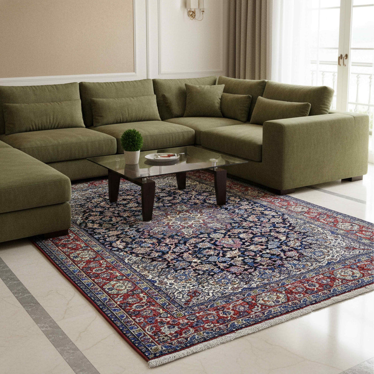 Multicolor Persian-style area rug with blue field and red floral border, shown in living room