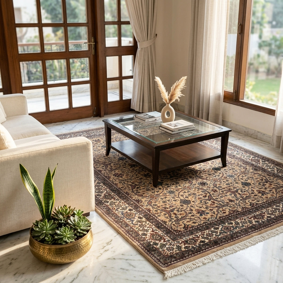Khashan rug with ornate beige, navy, and brown motifs and fringed edges