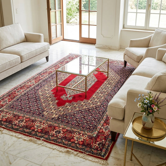 250x142 cm patterned rug with red and navy border and central geometric design