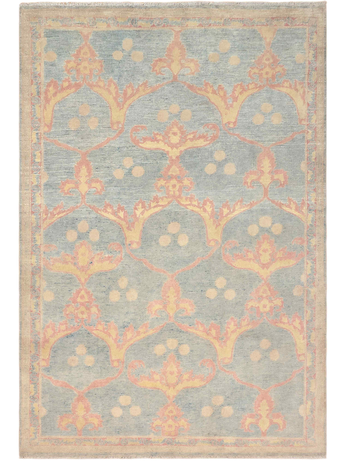 Rectangular light blue-gray rug with coral floral medallion pattern, distressed finish