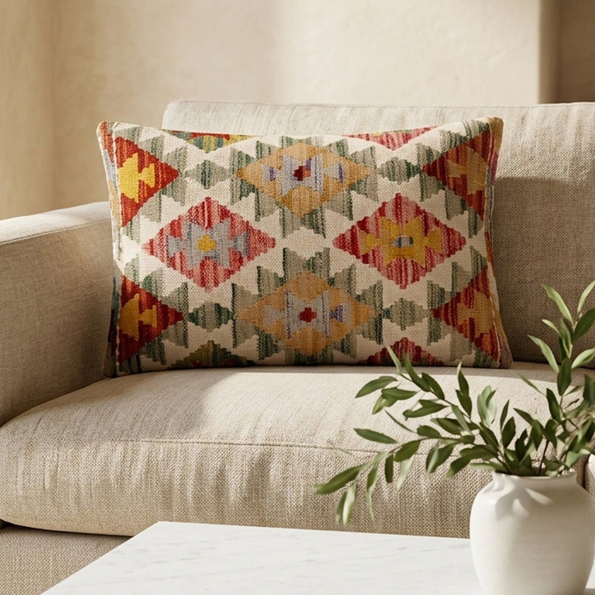 Green kilim cushion cover with multicolor geometric diamond motifs