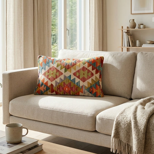 Kilim cushion cover with multicolor diamond pattern, red and blue, 35x55 cm